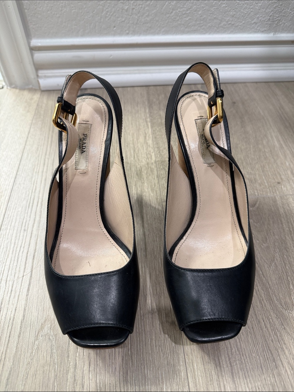 Prada Black Leather Peep-Toe Slingback Heels with Gold Buckle